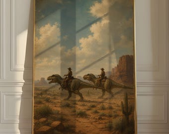 Cowboys Riding Dinosaurs Desert Wall Art, Vintage Western Jurassic Print