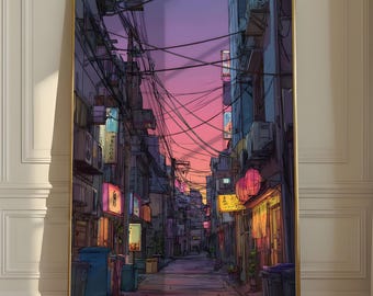 Neon Tokyo Alleyway Print, Lofi Anime Sunset Poster, Cyberpunk Japanese Wall Art