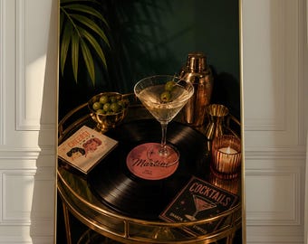 Vintage Martini and Vinyl Wall Art, Retro Cocktail Lounge Print, Emerald Gold Decor