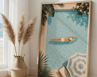 Mid Century Swimmer Print, Pastel Poolside Wall Art, Retro Summer Coastal Decor