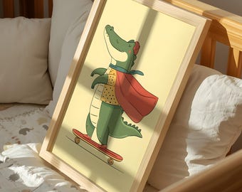 Skateboard Crocodile Art Print, Superhero Alligator Nursery Poster, Toddler Boy Room Decor