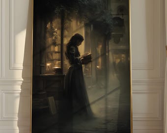 Victorian Woman Reading Art Print, Dark Academia Moody Librariancore Decor