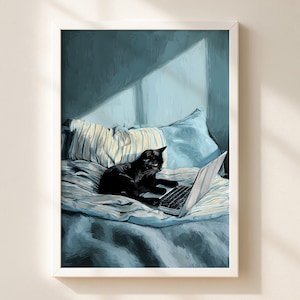 Black Cat Laptop Illustration, Cozy Bedroom Art Print, WFH Gamer Cat Decor (Digital Download)