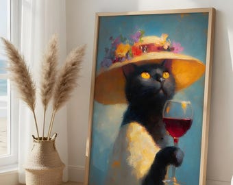 Black Cat Floral Hat Wine Print, Maximalist Impasto Oil Painting, Quirky Bar Cart Decor