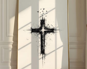 Abstract Ink Cross Art - Minimalist Christian Print | Unframed