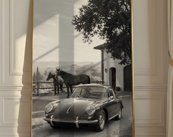 Vintage Sports Car Horses Fine Art Photography Print, Luxury Equestrian Ranch Artwork