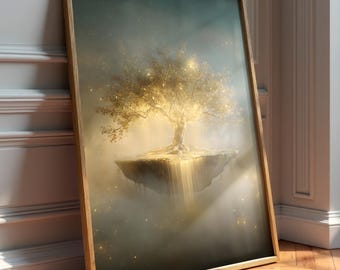 Golden Tree of Life Floating Island Art Print, Ethereal Fantasy Mystical Nature Scene Poster
