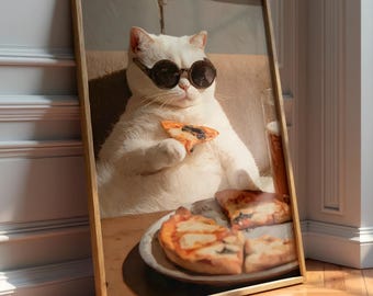 Oil Painting Print, Cat Eating Pizza, Retro Sunglasses, Quirky Animal Wall Decor