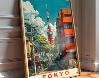 Retro Tokyo Tower Anime Print, Japanese Cityscape Wall Art (Unframed)
