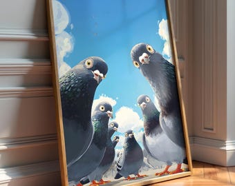 Whimsical Pigeon Art Print, Anime Style Bird Poster, Quirky Animal Wall Art