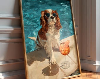 Cavalier King Charles Pool Art Print, Sunglasses Dog, Summer Bar Cart Decor (Unframed)