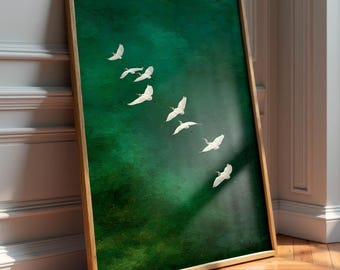 White Birds Impasto Oil Painting Print, Deep Emerald Nature Wall Art