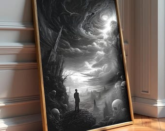 Dark Fantasy Skull Valley Print – Gothic Dragon, Black White Macabre Art