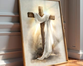 Easter Cross Watercolor Print, Risen Jesus Resurrection Decor, Christian Faith Art