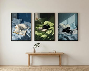 Cozy Cat Wall Art Set, Reading Book, Laptop Cat Prints (Digital Download)