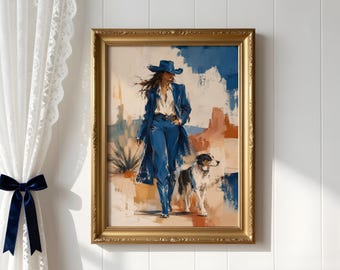 Cowgirl Blue Western Fashion Print, Dog Artwork, Southwestern Decor