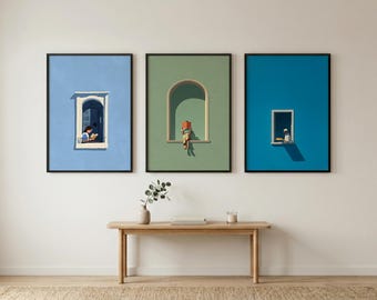 Set of 3 Minimalist Window Prints, Mediterranean Balcony Reading Art (Digital Download)