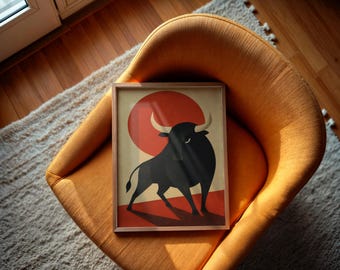 Vintage Bull Wall Art, Mid Century Spanish Poster, Minimalist Animal Decor (Digital Download)