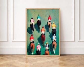 Impasto Horse Racing Print | Colorful Jockeys Oil Painting, Equestrian Art (Unframed)
