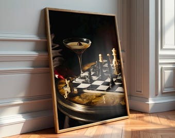 Manhattan Cocktail Chess Print – Moody Bar Wall Art, Elegant Speakeasy Decor (Unframed)