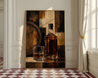 Vintage Whiskey Bottle Print, Rustic Bar Decor, Moody Distillery Artwork