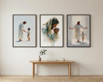 Minimalist Watercolor Jesus and Child Art Print Set, Religious Nursery Decor