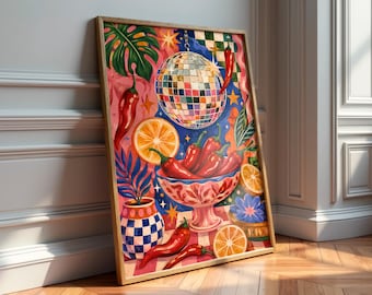 Disco Ball Chilli Pepper Print, Maximalist Kitchen Wall Art, Retro Decor Poster
