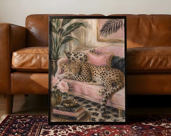 Sleeping Cheetah Pastel Wall Art | Luxury Maximalist Animal Decor | Neutral Glam Printable | Sophisticated Wildlife Art