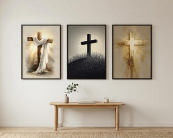 Set of 3 Cross Wall Art, Christian Resurrection Prints, Faith Artwork (Digital Download)