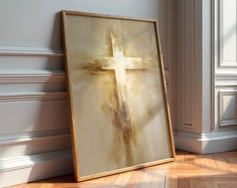 Abstract Gold Cross Print, He is Risen Christian Wall Art, Minimalist Easter Decor