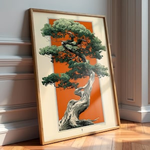 May include: Framed art print of a bonsai tree. The artwork depicts a detailed illustration of the tree against an orange backdrop, framed in light wood. The tree's foliage is green, and the trunk is a textured grey.