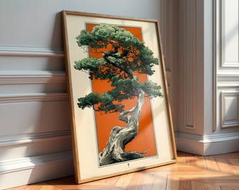 Retro Japanese Pine Tree Art Print, Orange Botanical Wall Decor, Unframed Poster