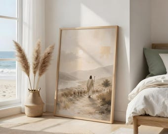 Good Shepherd Wall Art, Minimalist Jesus Sheep Landscape, Neutral Beige Religious Canvas