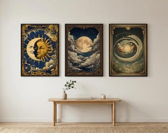 Vintage Celestial Sun Moon Art Print Set, Dark Academia Astrology Poster (Digital Download)