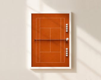 Aerial Clay Tennis Court Print, Minimalist Sports Art, Geometric Orange Poster (Unframed)