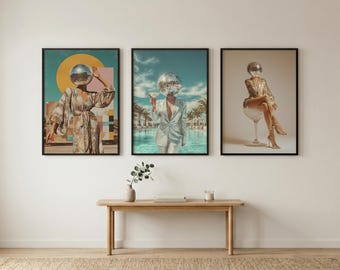Set of 3 Disco Ball Head, Retro 70s Art, Vintage Cocktail Poster (Digital Download)