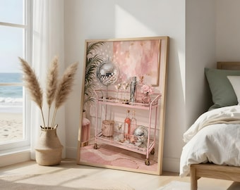 Martini Disco Ball Wall Art, Light Pink Bar Cart Print, Glam Cocktail Decor Poster