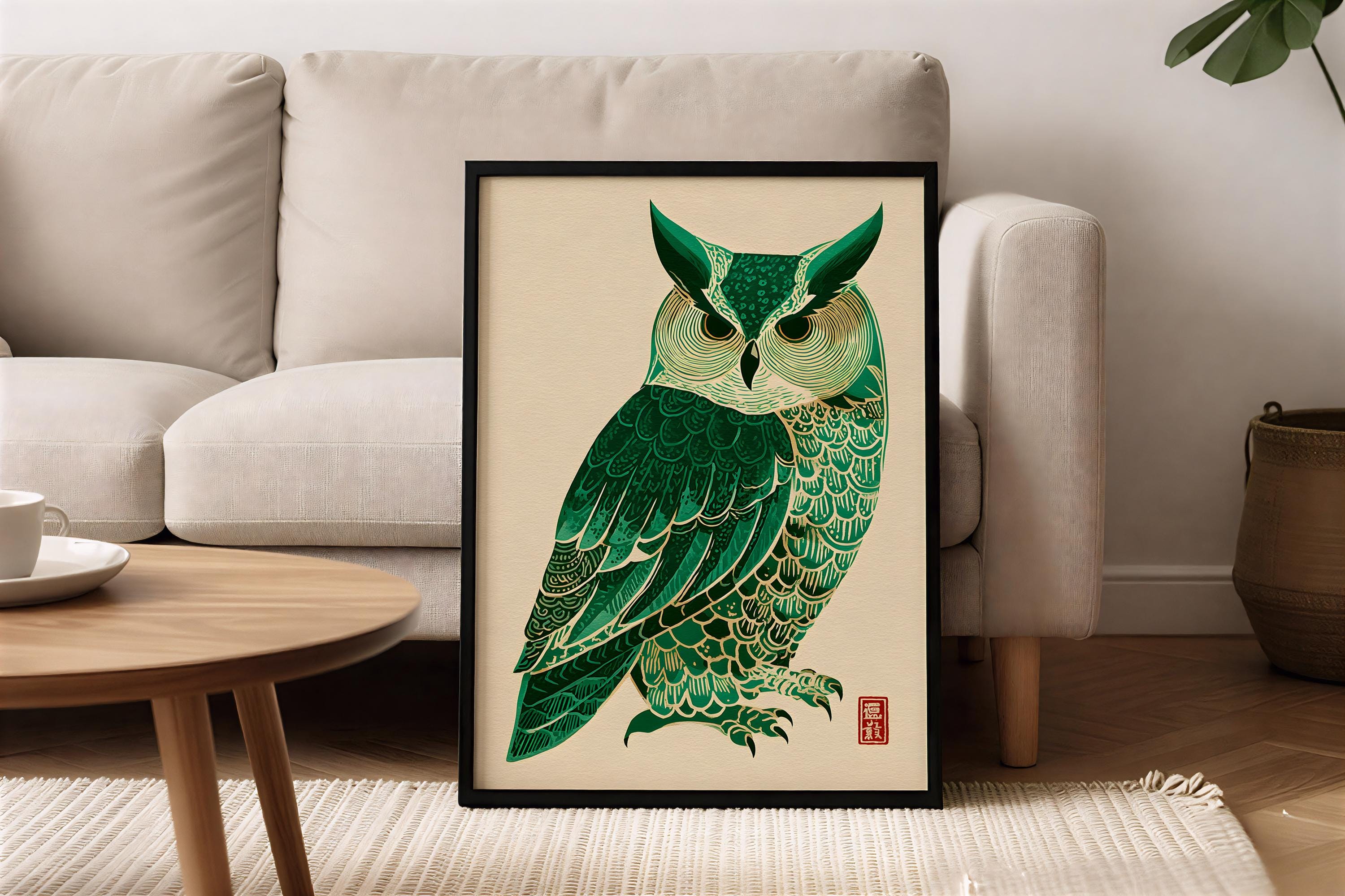 Japanese Owl Print - Green Woodblock Art - Vintage Animal Decor - Minimalist Asian Poster