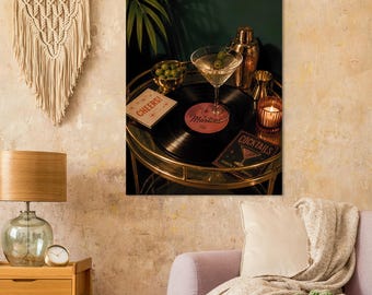 For Cristina  Vintage Martini and Vinyl Wall Art, Retro Cocktail Lounge Print, Emerald Gold Decor
