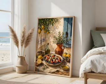 Sunlit Mediterranean Table Art Print | Rustic Citrus & Olive Kitchen Decor | Vibrant Culinary Still Life | Printable Dining Room Wall Art