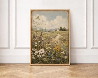 Vintage Wildflower Meadow Landscape Print, Cottagecore Botanical Wall Art