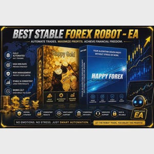 Może przedstawiać: Grafika promocyjna oprogramowania do handlu na rynku Forex z dwoma pudełkami produktów oznaczonymi jako Happy Gold i Happy Forex. Ciemne tło przedstawia złote symbole walut, mapę świata, wykresy finansowe oraz tekst, w tym BEST STABLE FOREX ROBOT - EA.