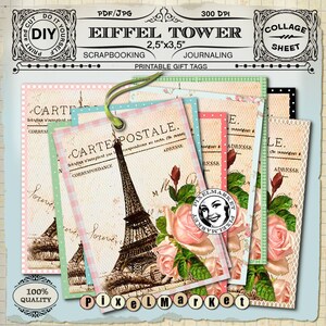 Français vintage Gift Tags Digital Collage feuille TOUR EIFFEL PARIS Français Hangtag Scrapbooking Printables Pdf Instant Download vintage Rose