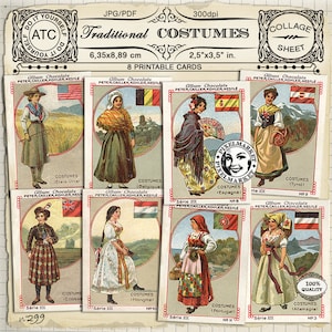 FRENCH EPHEMERA Vintage traditional national costume illustrations World folkloric dress card Printable Collage sheet download Scrapbooking