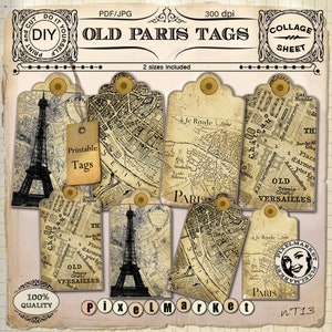 TAGS CLIPARTS Etiqueta de regalo digital MAPA antiguo de París Imprimible Descargar Ephemera francesa Collage digital Hoja Tarjeta HangTag Mapa antiguo Sepia t13