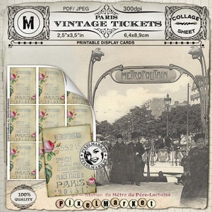 Etiquetas de ingressos vintage francesas, cartões de exibição de joias, folha de colagem de metro de paris, etiqueta de presente, álbum de recortes, download para impressão, atc aceo t03