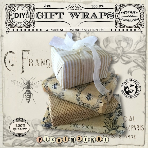 French Vintage Wrapping Paper Printable Giftwrap Sheet Queen Bee Printable Download Scrapbooking Invitation Journal Page Decoupage Sepia l06