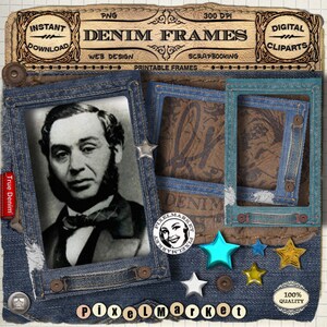 Denim FOTO FRAME Cliparts KIT Afdrukbare Download voor Fotograaf Web Blog Scrapbook Denim stof Frame Blauw Frame DieCut Star ClipArt Fr16