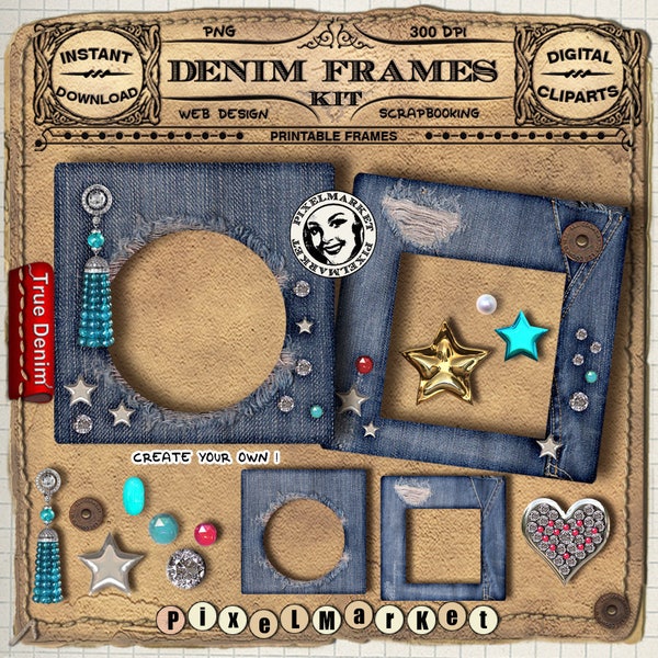 Denim FRAME Cliparts KIT Distressed Blue Jeans Picture FRAME w/ Jewels Printable Dowload for PhotoBook Blog Scrapbook Blue Frame Stamp n225