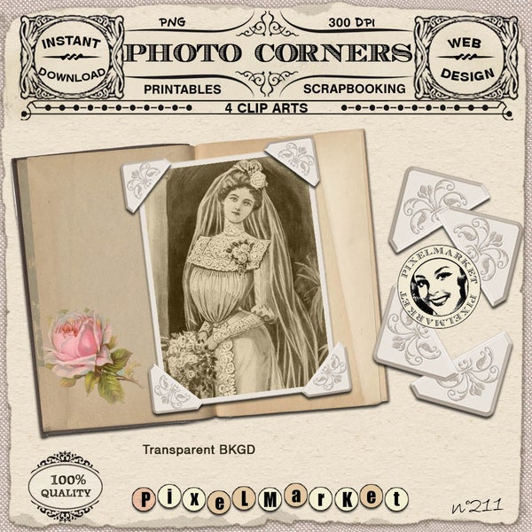 Set de 4 cliparts coins photo vintage bordure cadre digital à télécharger pour scrapbooking, web, blog et photographie,DIY,Travaux manuels